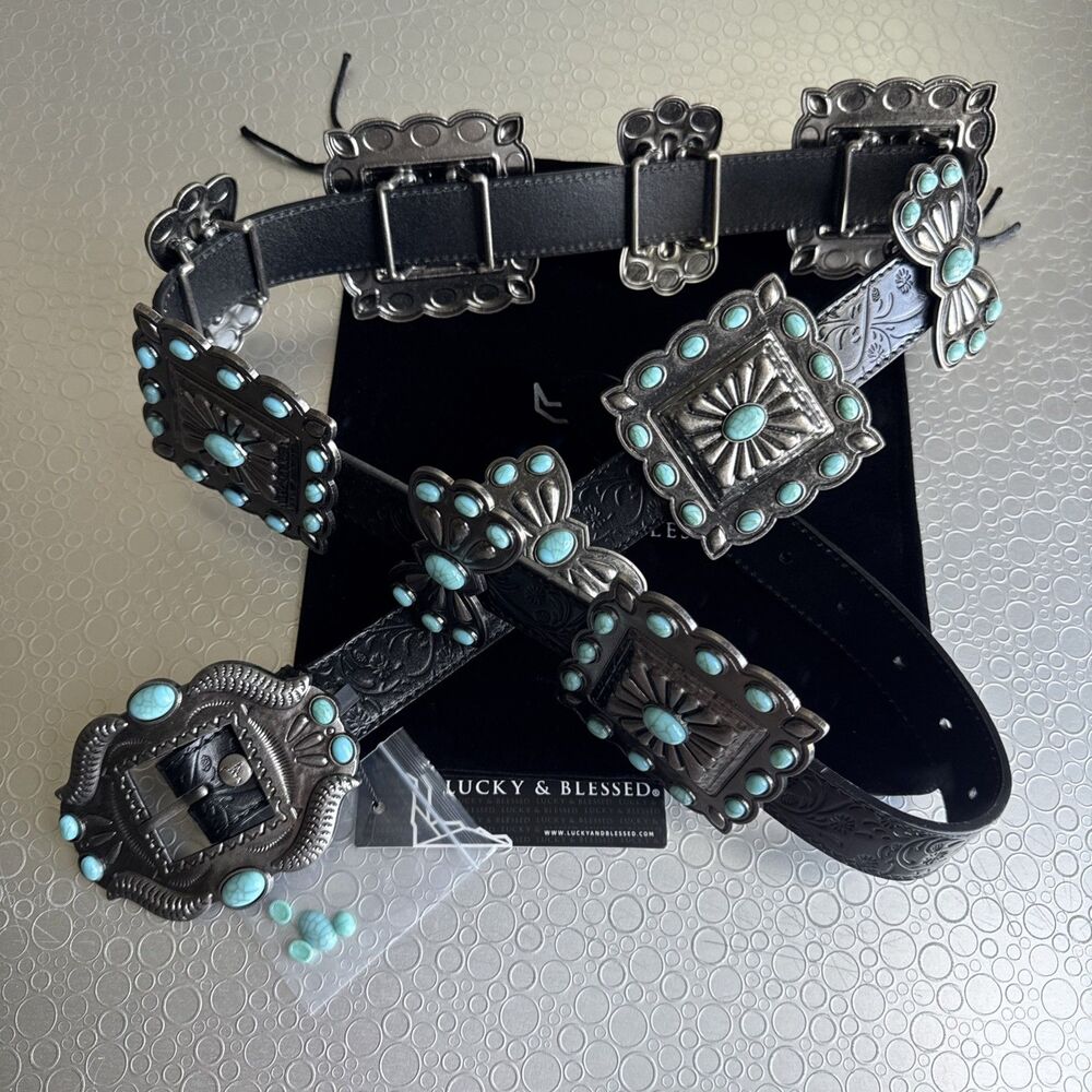 NWT Lucky & Blessed Black Embossed Concho Belt - Size L Runs Bigger Dust Bag